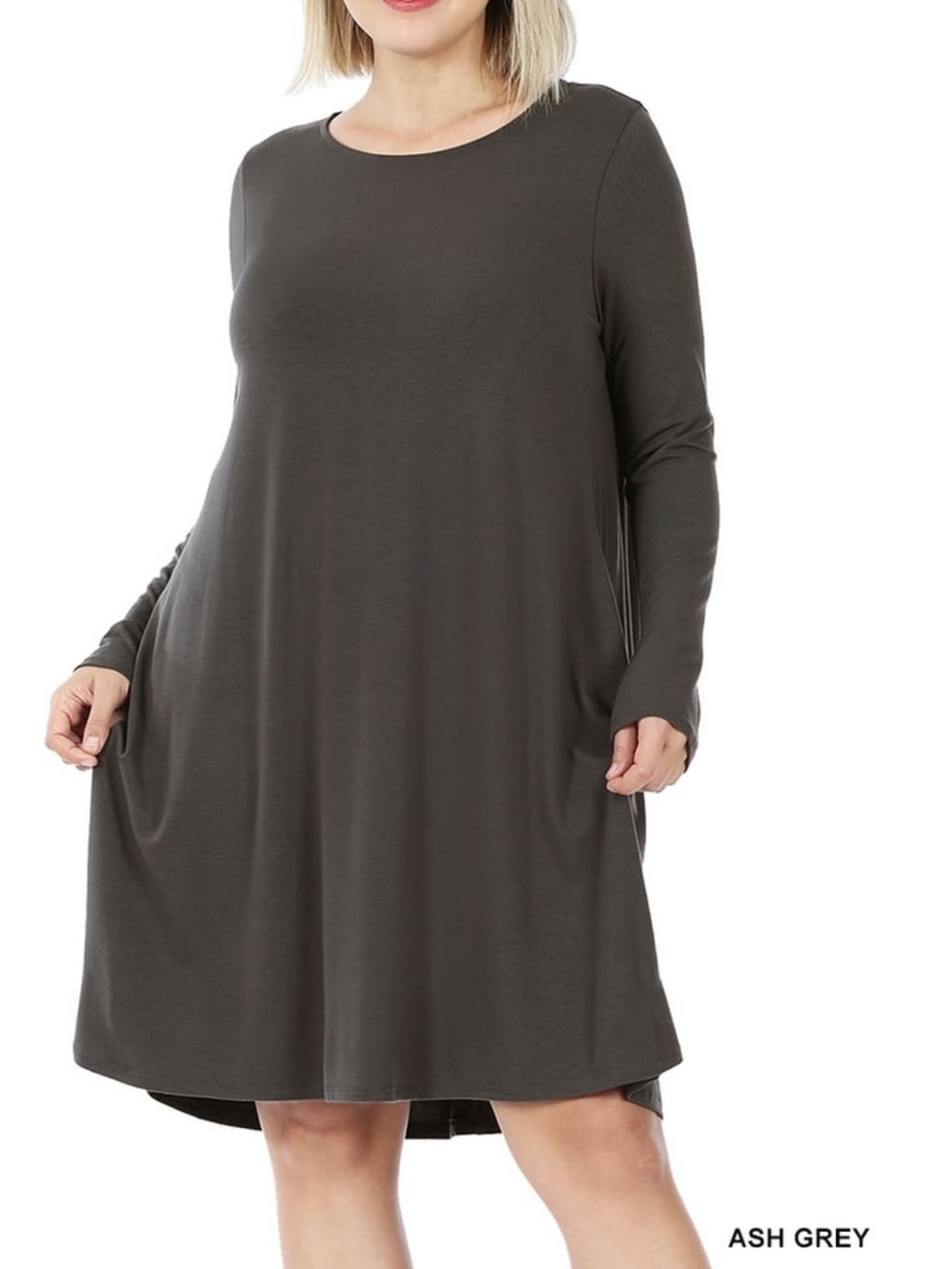 Zenana Premium Ash Grey Long Sleeve A-Line Dress - Women